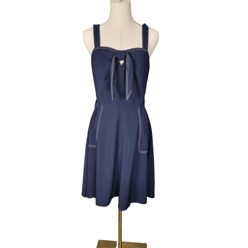 A New Day Size M Tie Front Dress Pockets-Navy Nautical Pin Up Retro Rockabilly